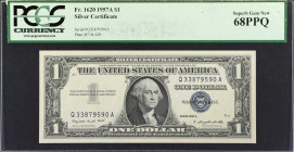 Lot of (2) Fr. 1620 & 1621. 1957A-57B $1 Silver Certificates. PCGS Currency Gem New 66 PPQ & Superb Gem New 68 PPQ.
Estimate: $100.00- $150.00