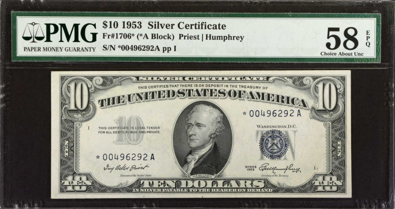 Fr. 1706*. 1953 $10 Silver Certificate Star Note. PMG Choice About Uncirculated ...