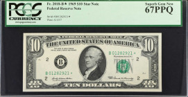 Fr. 2018-B*. 1969 $10 Federal Reserve Star Note. PCGS Currency Superb Gem New 67 PPQ.
An impressive Superb Gem offering of this replacement 1969 $10....