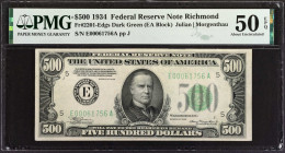 Fr. 2201-Edgs. 1934 $500 Federal Reserve Note. Richmond. PMG About Uncirculated 50 EPQ.
Dark green seal. Attractive qualities are found on this AU $5...