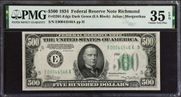 Fr. 2201-Edgs. 1934 $500 Federal Reserve Note. Richmond. PMG Choice Very Fine 35 EPQ.
Dark green seal variety. An original mid-grade offering of this...