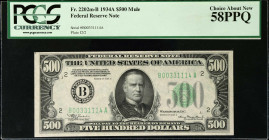 Fr. 2202m-B. 1934A $500 Federal Reserve Mule Note. New York. PCGS Currency Choice About New 58 PPQ.
A highly attractive example of this 1934A $500 Mu...