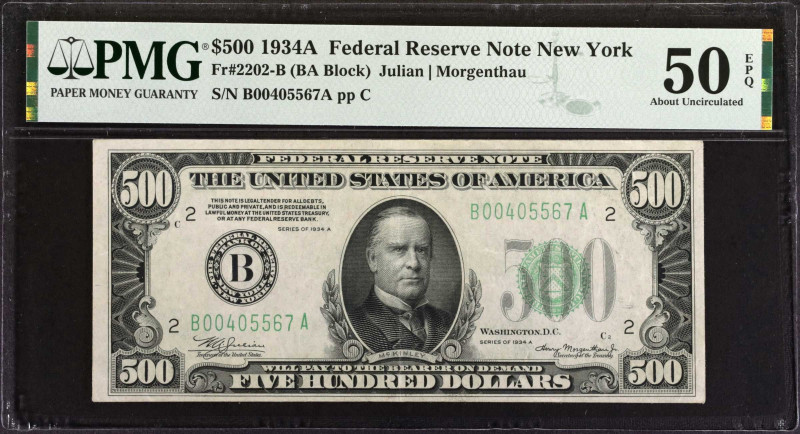 Fr. 2202-B. 1934A $500 Federal Reserve Note. New York. PMG About Uncirculated 50...