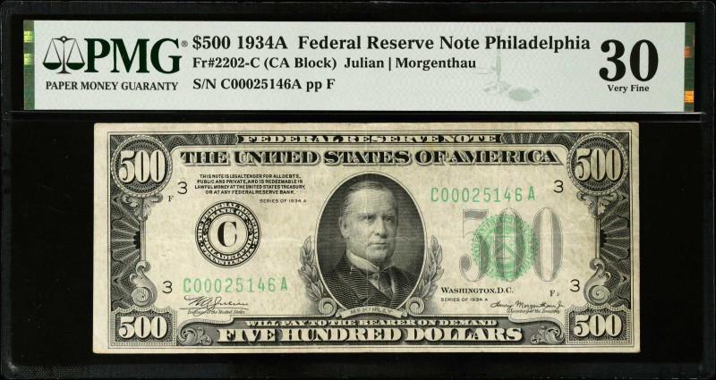 Fr. 2202-C. 1934A $500 Federal Reserve Note. Philadelphia. PMG Very Fine 30.
Th...
