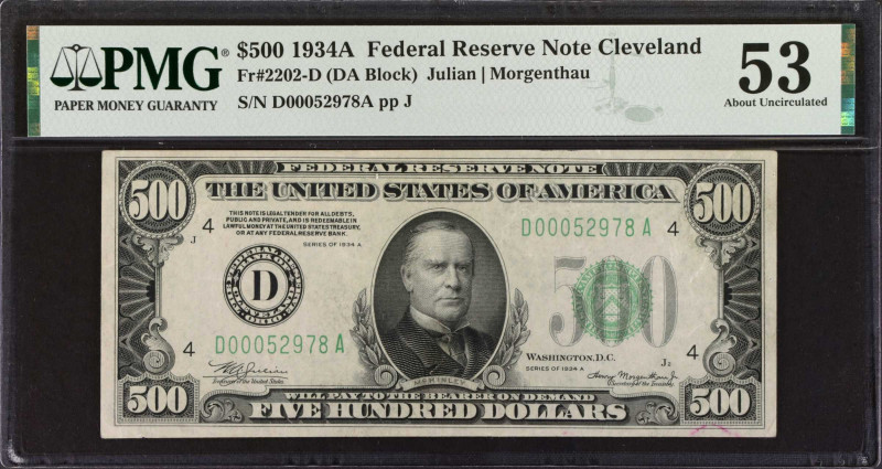 Fr. 2202-D. 1934A $500 Federal Reserve Note. Cleveland. PMG About Uncirculated 5...