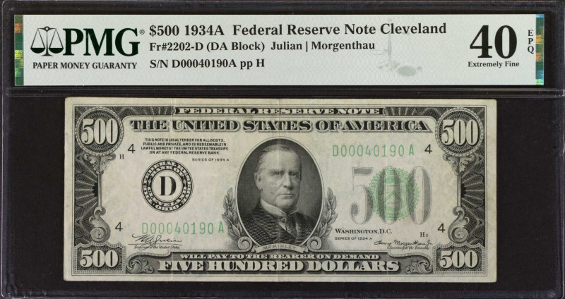 Fr. 2202-D. 1934A $500 Federal Reserve Note. Cleveland. PMG Extremely Fine 40 EP...