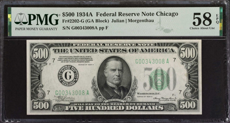 Fr. 2202-G. 1934A $500 Federal Reserve Note. Chicago. PMG Choice About Uncircula...