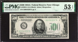 Fr. 2202-G. 1934A $500 Federal Reserve Note. Chicago. PMG About Uncirculated 53 EPQ.
Attractive margins and original paper are found on this 1934A $5...