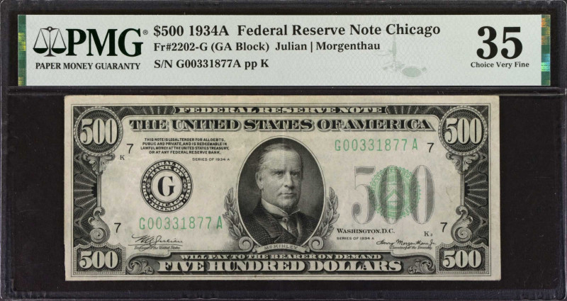 Fr. 2202-G. 1934A $500 Federal Reserve Note. Chicago. PMG Choice Very Fine 35.
...