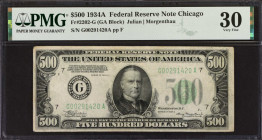 Fr. 2202-G. 1934A $500 Federal Reserve Note. Chicago. PMG Very Fine 30.
This denomination has increased in popularity as of late, and this note is su...