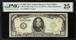 Fr. 2211-Klgs. 1934 $1000 Federal Reserve Note. PMG Very Fine 25.
A popular Dallas district Thousand, especially so with the light green seal. PMG co...