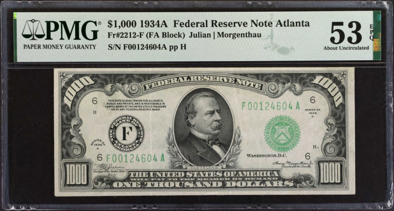 Fr. 2212-F. 1934A $1000 Federal Reserve Note. Atlanta. PMG About Uncirculated 53...