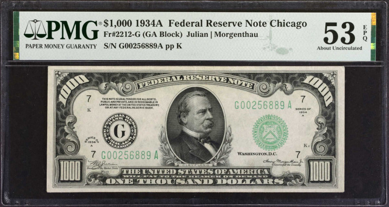 Fr. 2212-G. 1934A $1000 Federal Reserve Note. Chicago. PMG About Uncirculated 53...