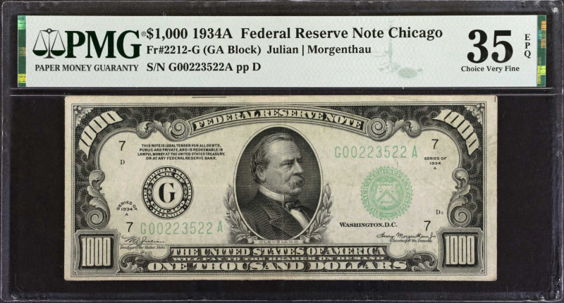 Fr. 2212-G. 1934A $1000 Federal Reserve Note. Chicago. PMG Choice Very Fine 35 E...