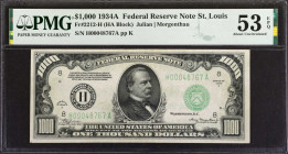 Fr. 2212-H. 1934A $1000 FRN Federal Reserve Note. St. Louis. PMG About Uncirculated 53 EPQ.
Always in demand at this grade level.
Estimate: $5000.00...