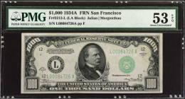 Fr. 2212-L. 1934A $1000 Federal Reserve Note. San Francisco. PMG About Uncirculated 53 EPQ.
A wildly popular denomination, and from the San Francisco...
