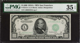 Fr. 2212-L. 1934A $1000 Federal Reserve Note. San Francisco. PMG Choice Very Fine 35 EPQ.
Nice margins and good appeal for the assigned grade are not...