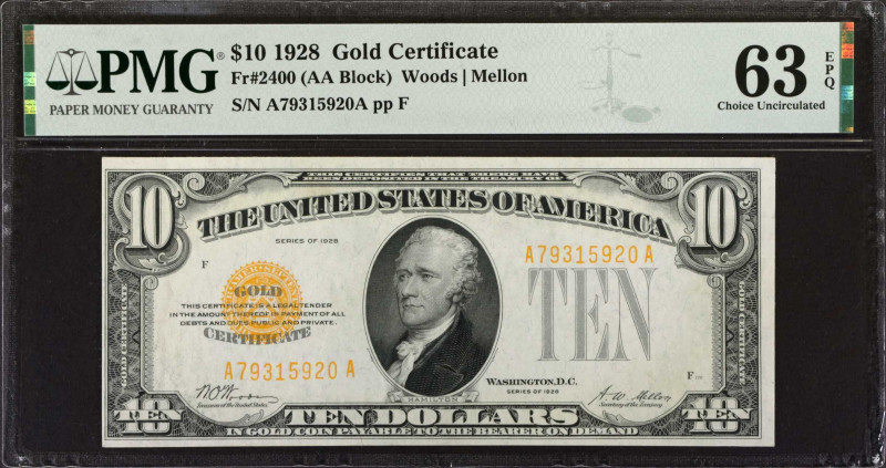 Fr. 2400. 1928 $10 Gold Certificate. PMG Choice Uncirculated 63 EPQ.
Dark gold ...