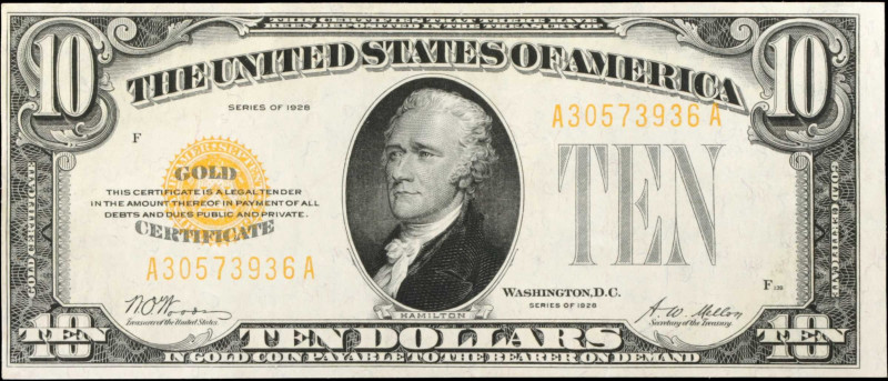 Fr. 2400. 1928 $10 Gold Certificate. About Uncirculated.
Honey gold overprints ...