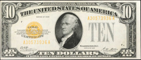 Fr. 2400. 1928 $10 Gold Certificate. About Uncirculated.
Honey gold overprints pop on this popular note.
Estimate: $300.00- $400.00