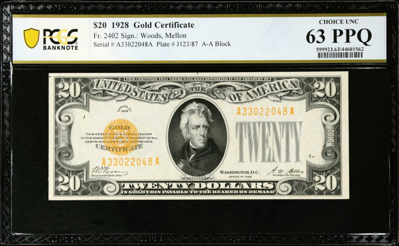 Fr. 2402. 1928 $20 Gold Certificate. PCGS Banknote Choice Uncirculated 63 PPQ.
...