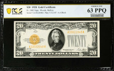 Fr. 2402. 1928 $20 Gold Certificate. PCGS Banknote Choice Uncirculated 63 PPQ.
Blast white paper and honey gold overprints pop through the third part...