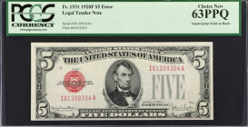 Fr. 1531. 1928F $5 Legal Tender Note. PCGS Currency Choice New 63 PPQ. Small Gutter Fold on Back.
Small Gutter Fold on Back.
Estimate: $60.00- $80.0...