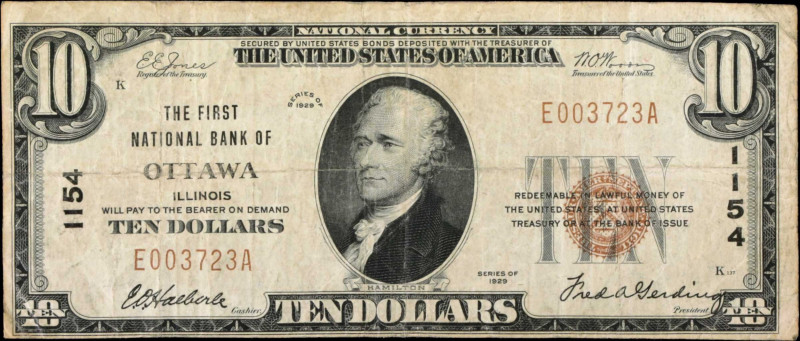 Ottawa, Illinois. $10 1929 Ty. 1. Fr. 1801-1. The First NB. Charter #1154. Very ...