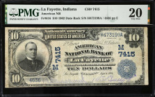 La Fayette, Indiana. $10 1902 Date Back. Fr. 616. American NB. Charter #7415. PMG Very Fine 20.
This is a new addition to the currency census of five...