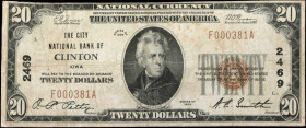 Clinton, Iowa. $20 1929 Ty. 1. Fr. 1802-1. The City NB. Charter #2469. Fine.
Light soiling is noticed.
Estimate: $60.00- $80.00