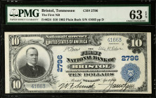 Bristol, Tennessee. $10 1902 Plain Back. Fr. 624. The First NB. Charter #2796. PMG Choice Uncirculated 63 EPQ.
A high grade offering of this Plain Ba...