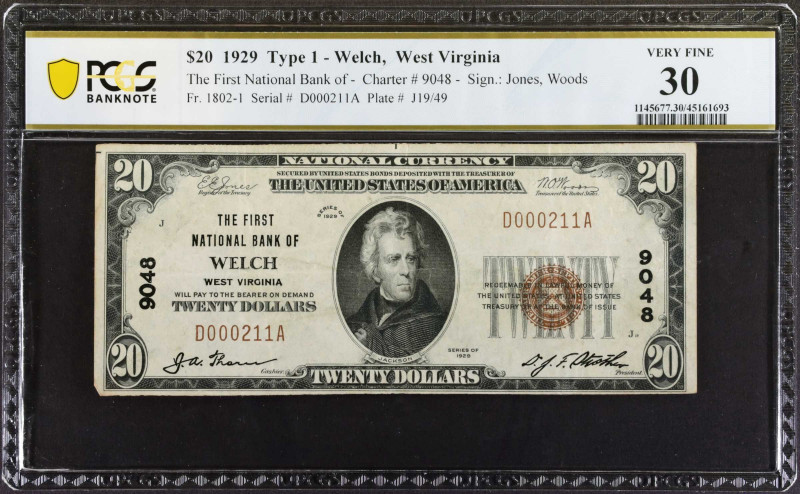 Welch, West Virginia. $20 1929 Ty. 1. Fr. 1802-1. The First NB. Charter #9048. P...