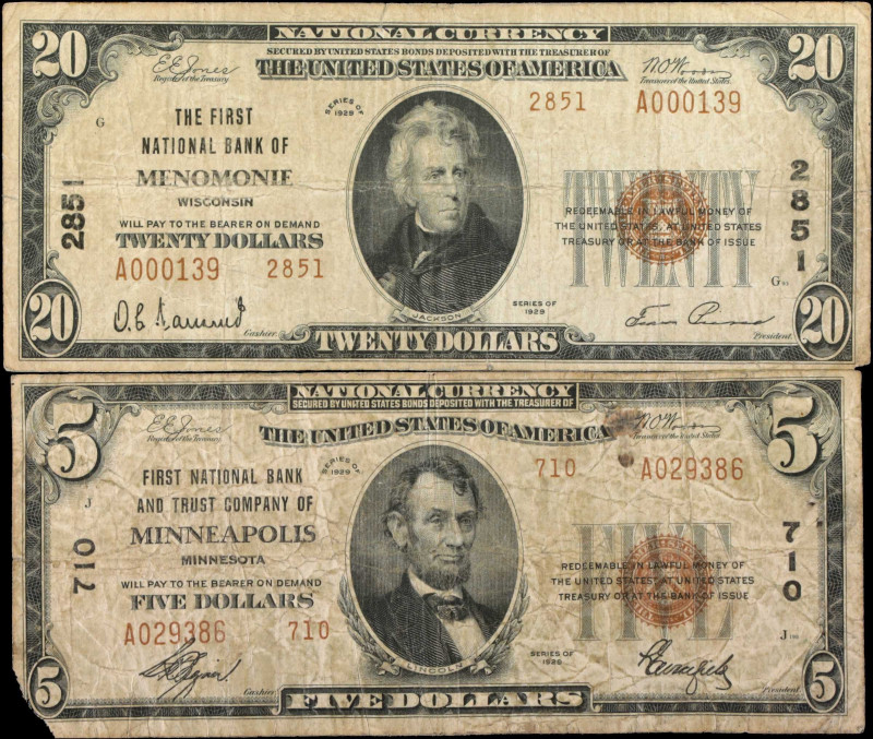 Lot of (2) Wisconsin & Minnesota Nationals. $5 & $20. 1929 Ty. 2. Fr. 1800-2 & 1...