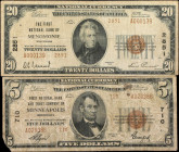 Lot of (2) Wisconsin & Minnesota Nationals. $5 & $20. 1929 Ty. 2. Fr. 1800-2 & 1802-2. Fine.
The Minnesota $5 National has a missing lower corner and...