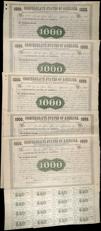 Lot of (5) Ball 9. Cr. 8. Confederate Bonds. Act of February 28, 1861. $1000. Fi...