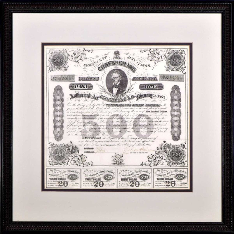 Ball 192. Cr. 124. Confederate Bond. Act of February 20, 1863. $500. Framed.
A ...