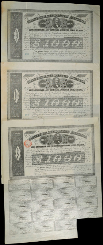 Lot of (3) Confederate Bonds. Act of April 30, 1863. $1000. Very Good to Fine.
...