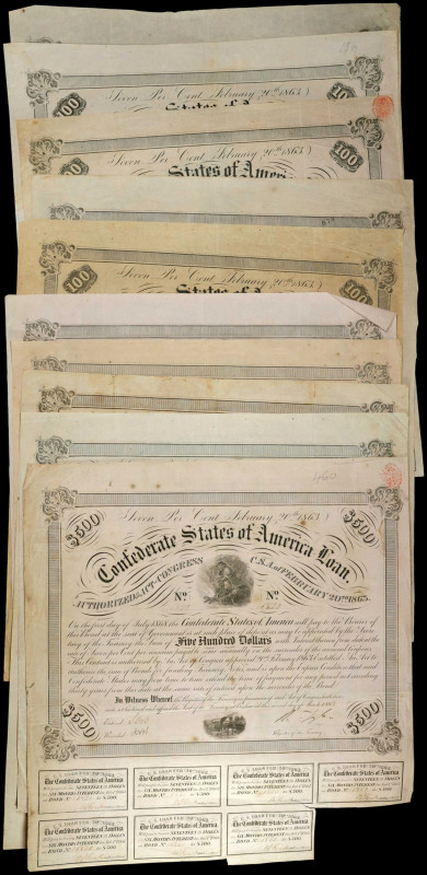 Lot of (10) Confederate Bonds. Ball 221 & 212. $100 & $500. Fine.
Included are ...