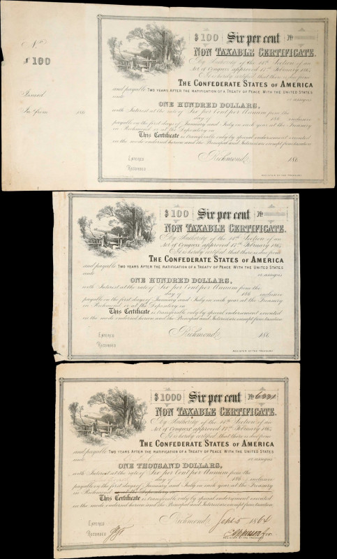 Lot of (3) Confederate Bonds. Ball 367 & 362. $1000 & $100. Fine.
Included in t...