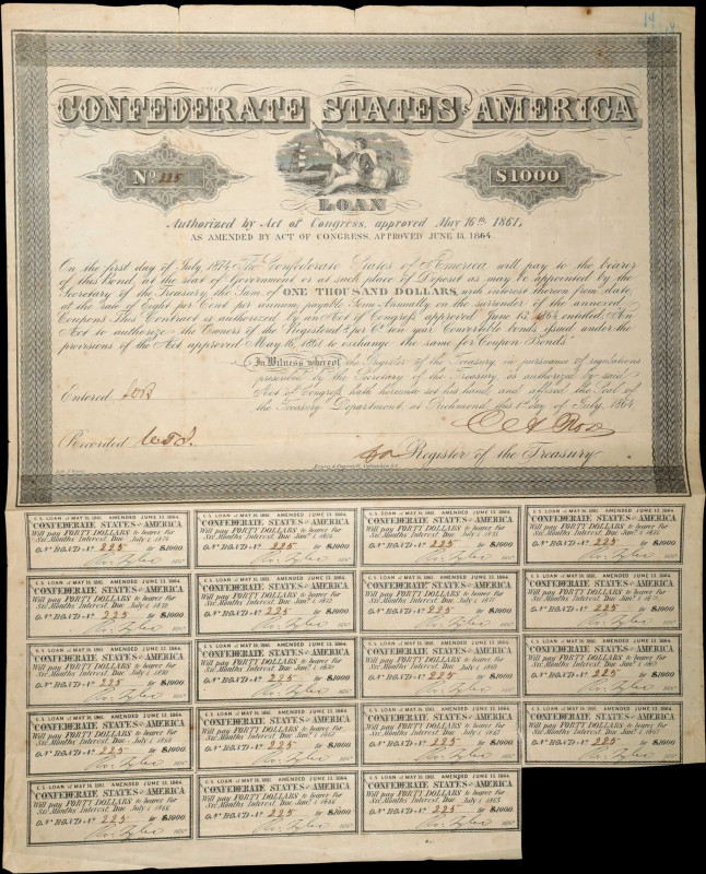 Ball 384. Cr. 165. Confederate Bond. Act of June 12th, 1864. $1000. Fine.
Rarit...