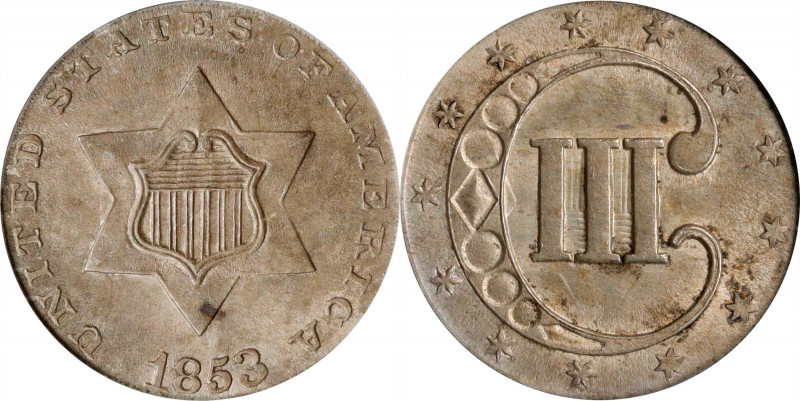 1853 Silver Three-Cent Piece. MS-63 (PCGS). OGH.
PCGS# 3667. NGC ID: 22Z2.
Est...