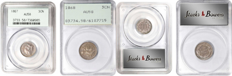 Lot of (2) Early Date Nickel Three-Cent Pieces. AU-58 (PCGS). OGH.
Included are...