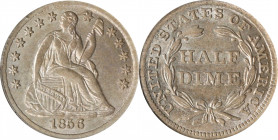 1856 Liberty Seated Half Dime. AU-58 (PCGS). OGH.
PCGS# 4363. NGC ID: 233P.
Estimate: $0.00- $0.00