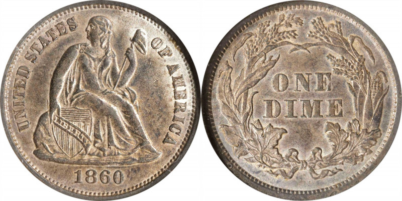 1860 Liberty Seated Dime. AU-58 (NGC). OH.
PCGS# 4631. NGC ID: 239D.
Estimate:...