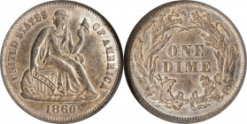 1860 Liberty Seated Dime. AU-58 (NGC). OH.
PCGS# 4631. NGC ID: 239D.
Estimate: $0.00- $0.00