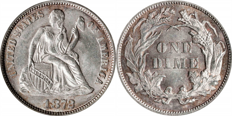 1872 Liberty Seated Dime. MS-62 (PCGS). OGH.
PCGS# 4656. NGC ID: 23A7.
Estimat...