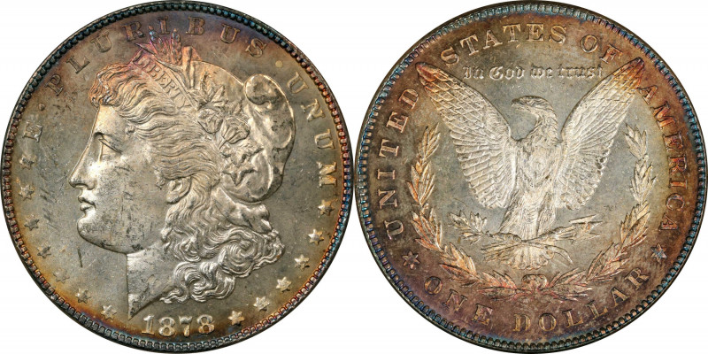 1878 Morgan Silver Dollar. 7 Tailfeathers. Reverse of 1878. MS-63 PL (NGC). OH....