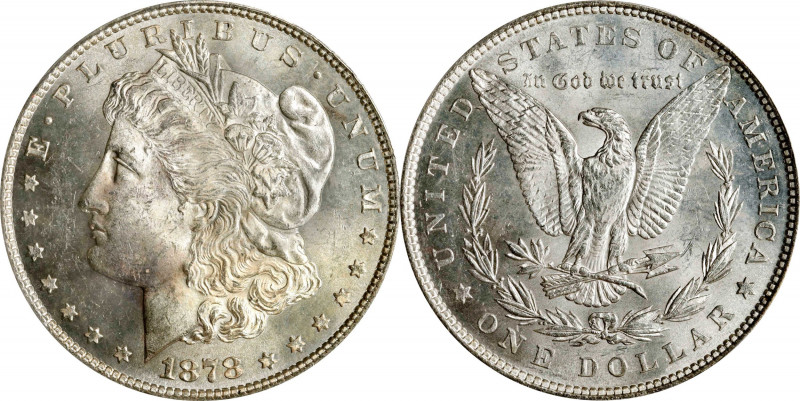 1878 Morgan Silver Dollar. 7 Tailfeathers. Reverse of 1879. MS-62 (PCGS). OGH.
...