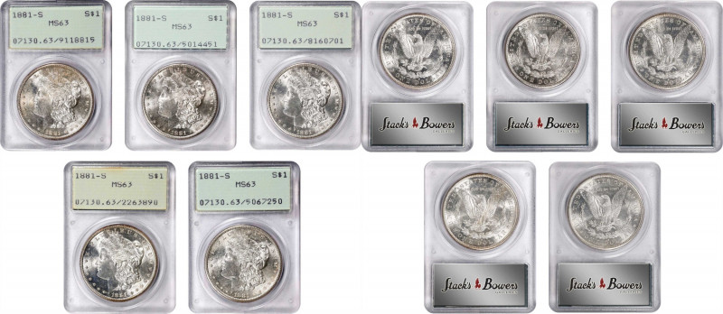 Lot of (5) 1881-S Morgan Silver Dollars. MS-63 (PCGS). OGH--First Generation.
P...