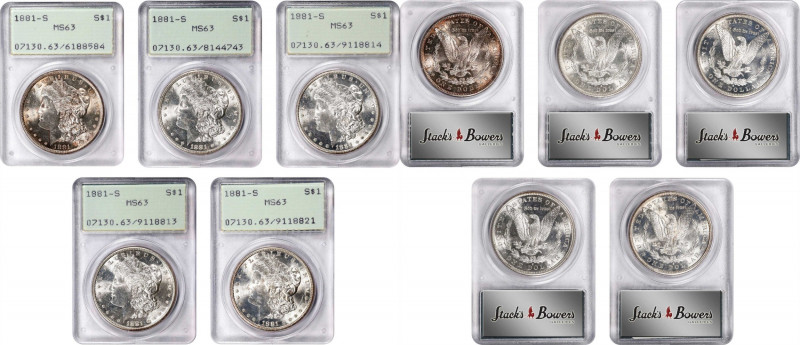 Lot of (5) 1881-S Morgan Silver Dollars. MS-63 (PCGS). OGH--First Generation.
P...